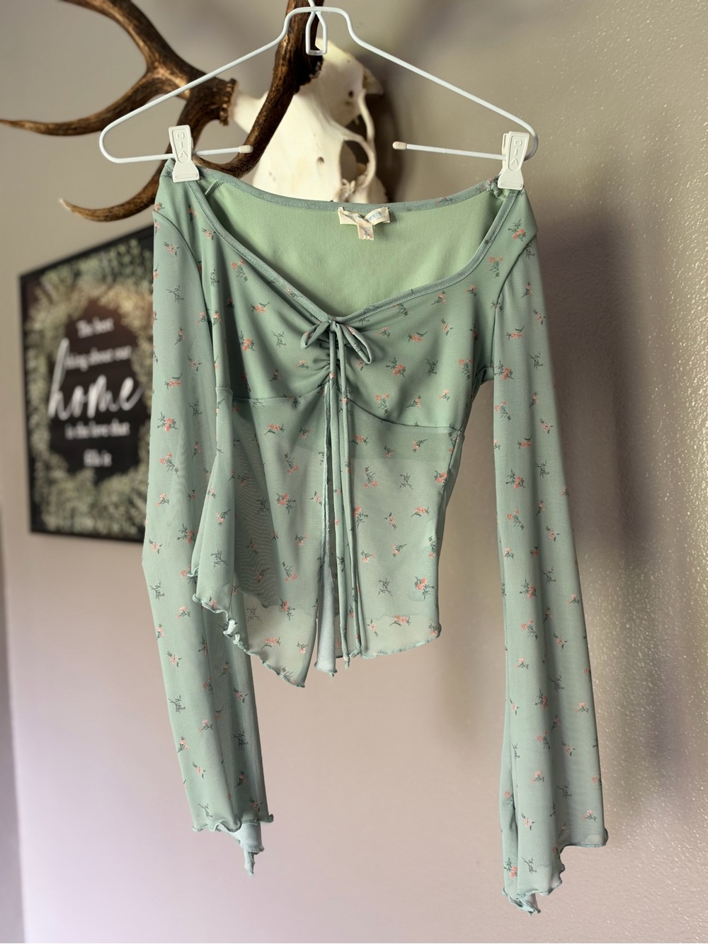 See You Monday Sage Green Floral Tie-Front Crop Top